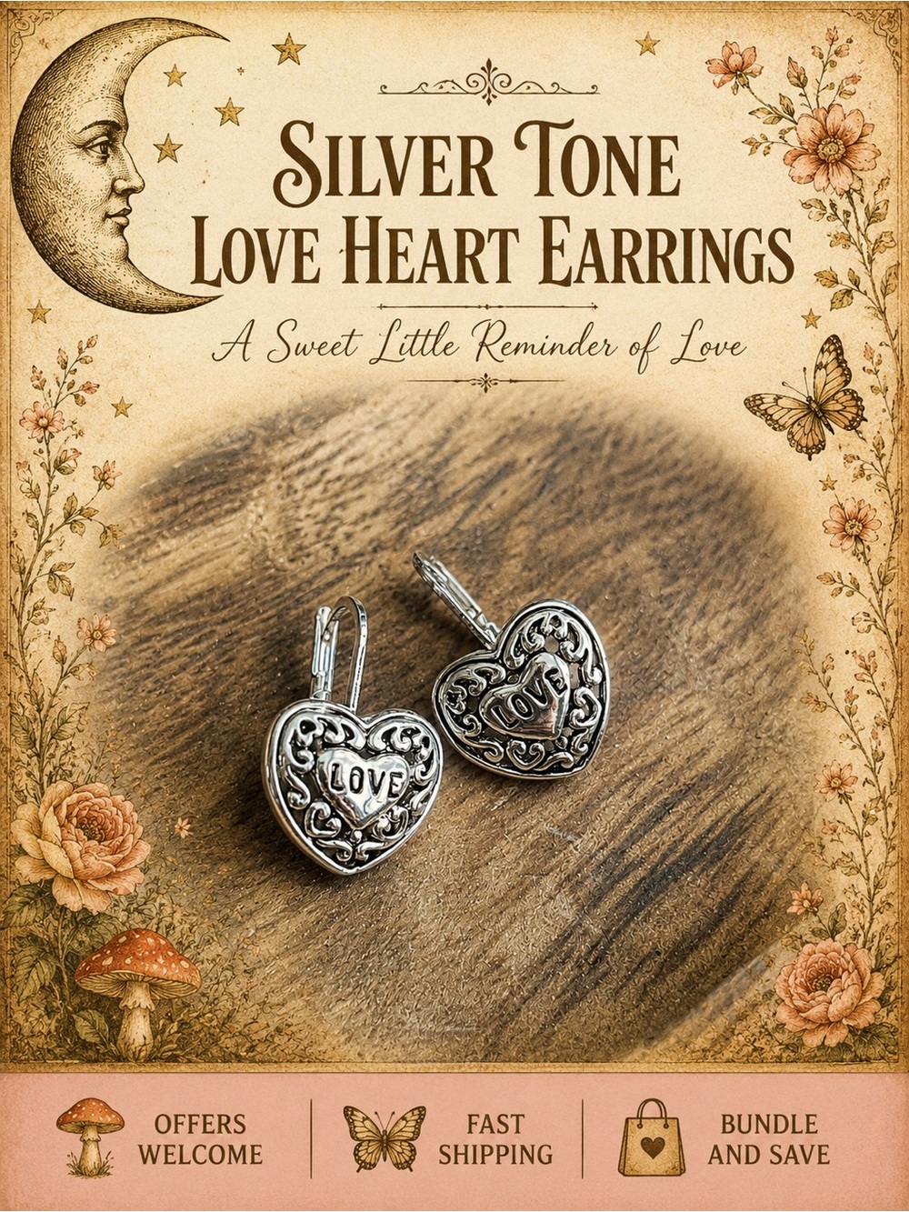 Silver Tone LOVE Heart Dangle Earrings Romantic Scrollwork 1”